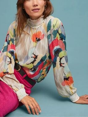Blank London Anthropologie Sequin Floral Smocked High Neck Blouse Top Medium